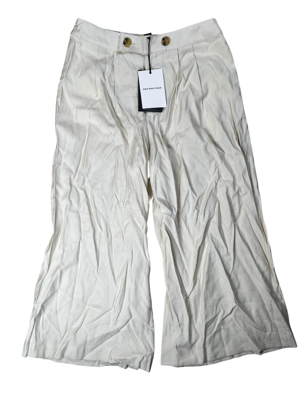WHO WHAT WEAR Pants Womens 8 White Wide Leg Cropped Twill Lined Pleated